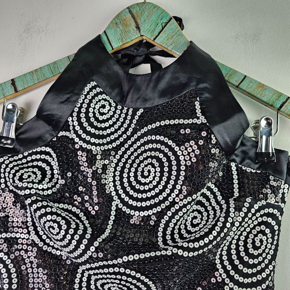 Vintage Cache Black White Sequin Satin Mini Halter Party Dress, Sz 6 - Picture 4 of 12